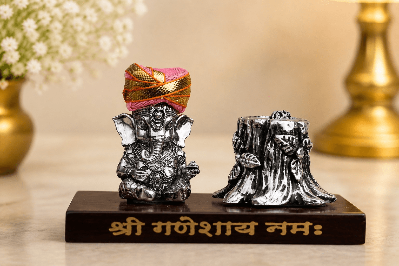 GANESHA WITH TURBAN ON TREE TRUNK