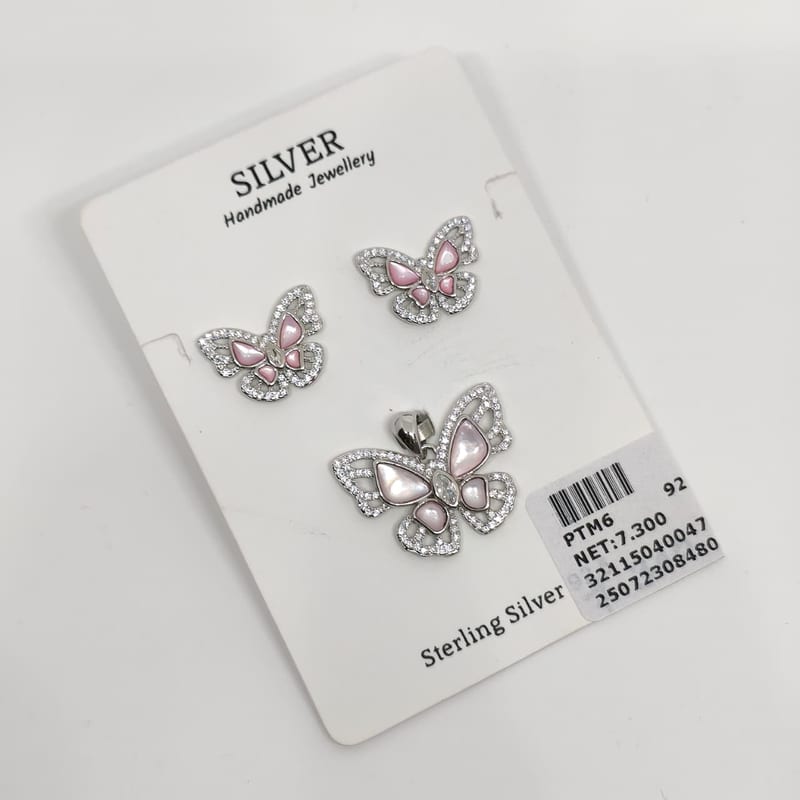 PTM6 Pink MOP Butterfly Pendant & Earrings Set